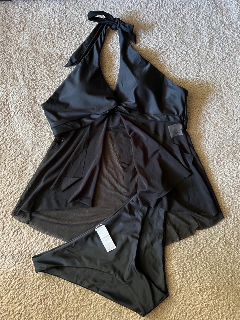 NWT Cupshe Black Halter Tankini with Sheer Mesh Overlay Bikini Bottoms Sz Large